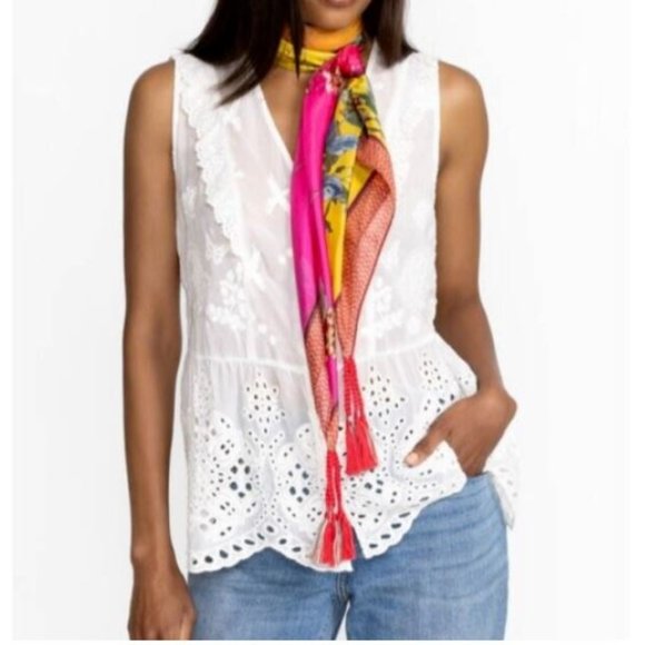 Johnny Was Emboy Scarf Silk Square Large Floral Pink Yellow Tassel Scarves New - Picture 3 of 6